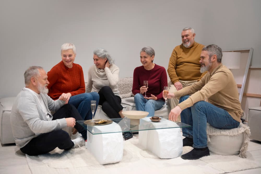 Group of seniors sitting together in a cozy living room, sharing drinks and conversation as part of a supportive home sharing program in Vancouver