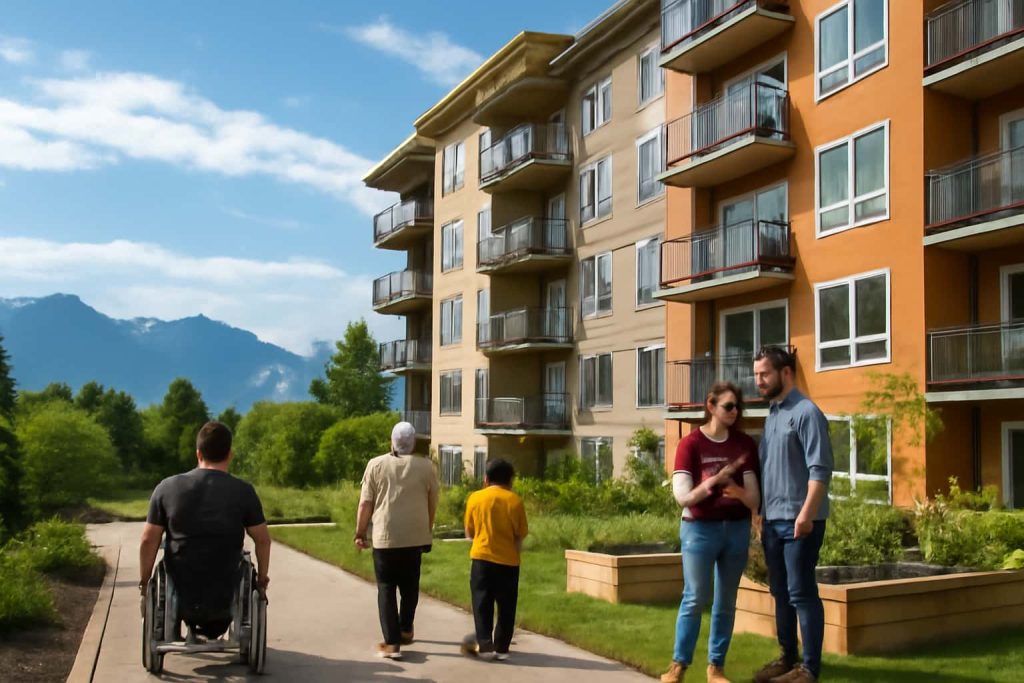 Community-integrated housing in Vancouver with a diverse group walking together in front of an inclusive apartment complex, showcasing accessibility and social interaction.